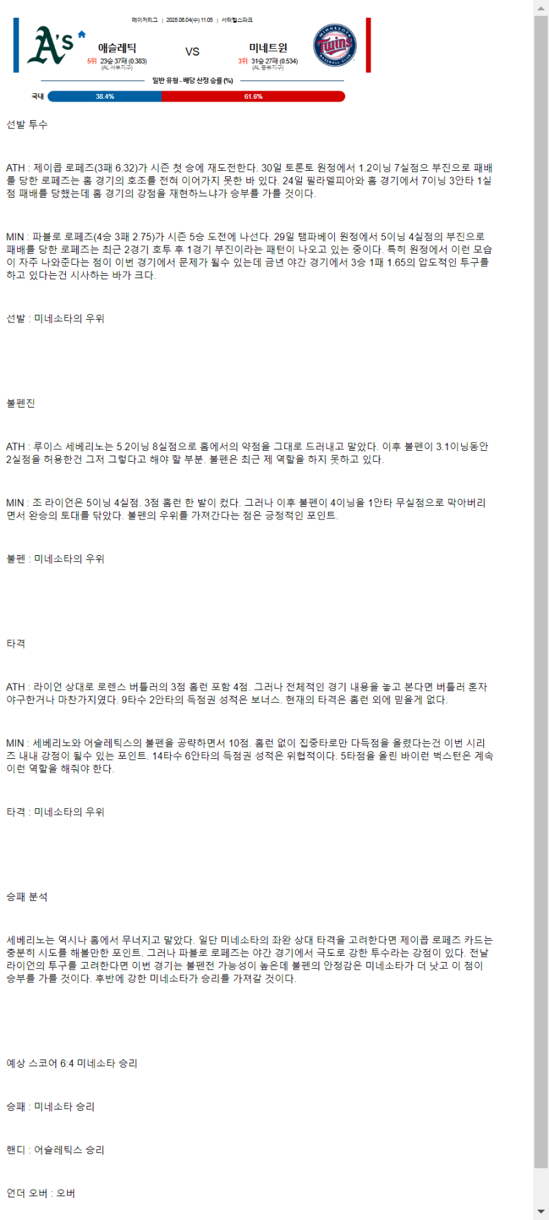2025년 06월 04일 애슬레틱스 미네소타 해외농구 분석 및 중계 올스티비