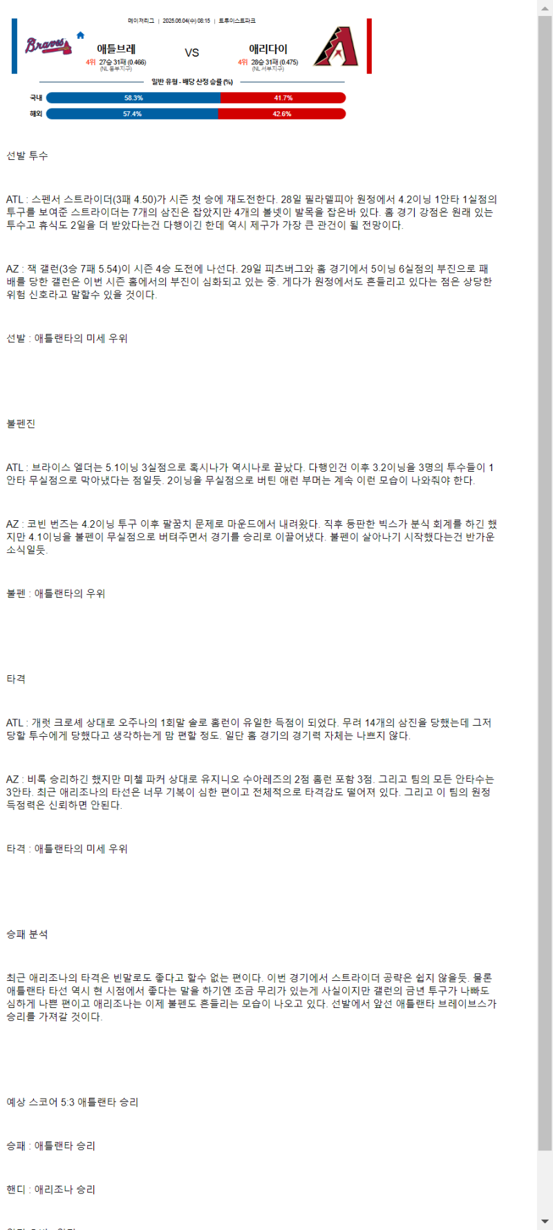 2025년 06월 04일 애틀랜타 애리조나 해외농구 중계 및 분석 올스티비