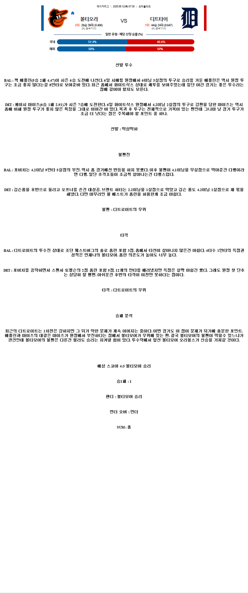 2025년 06월 12일 볼티모어 디트로이트 MLB 분석 및 중계 올스티비