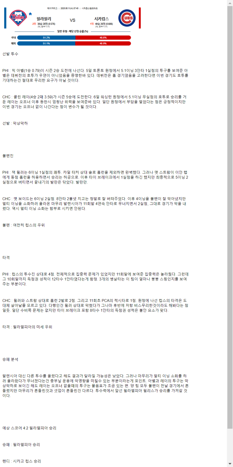 2025년 06월 11일 필라델피아 시카고컵스 MLB 중계 및 분석 올스티비