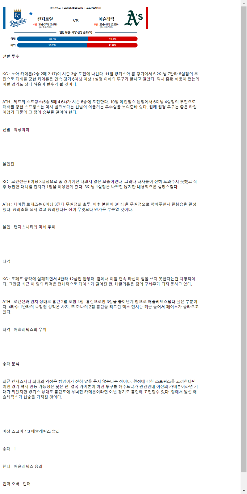 2025년 06월 16일 캔자스시티 애슬레틱스 미국야구 분석 및 중계 올스티비