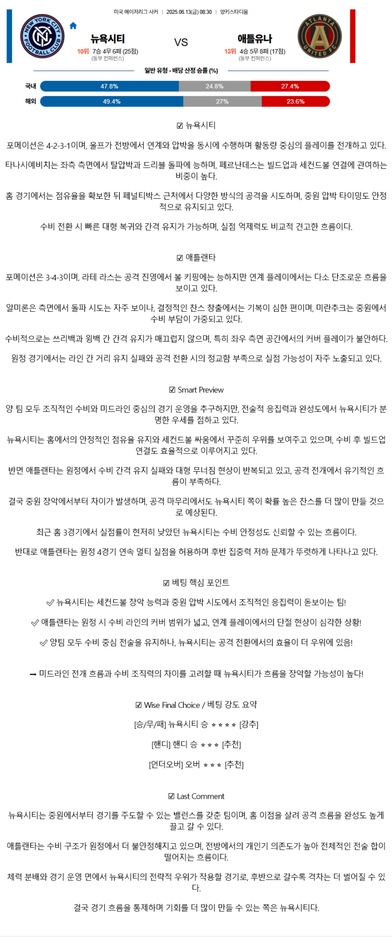 2025년 06월 13일 NYCFC 애틀란타 스포츠 중계 및 분석 올스티비