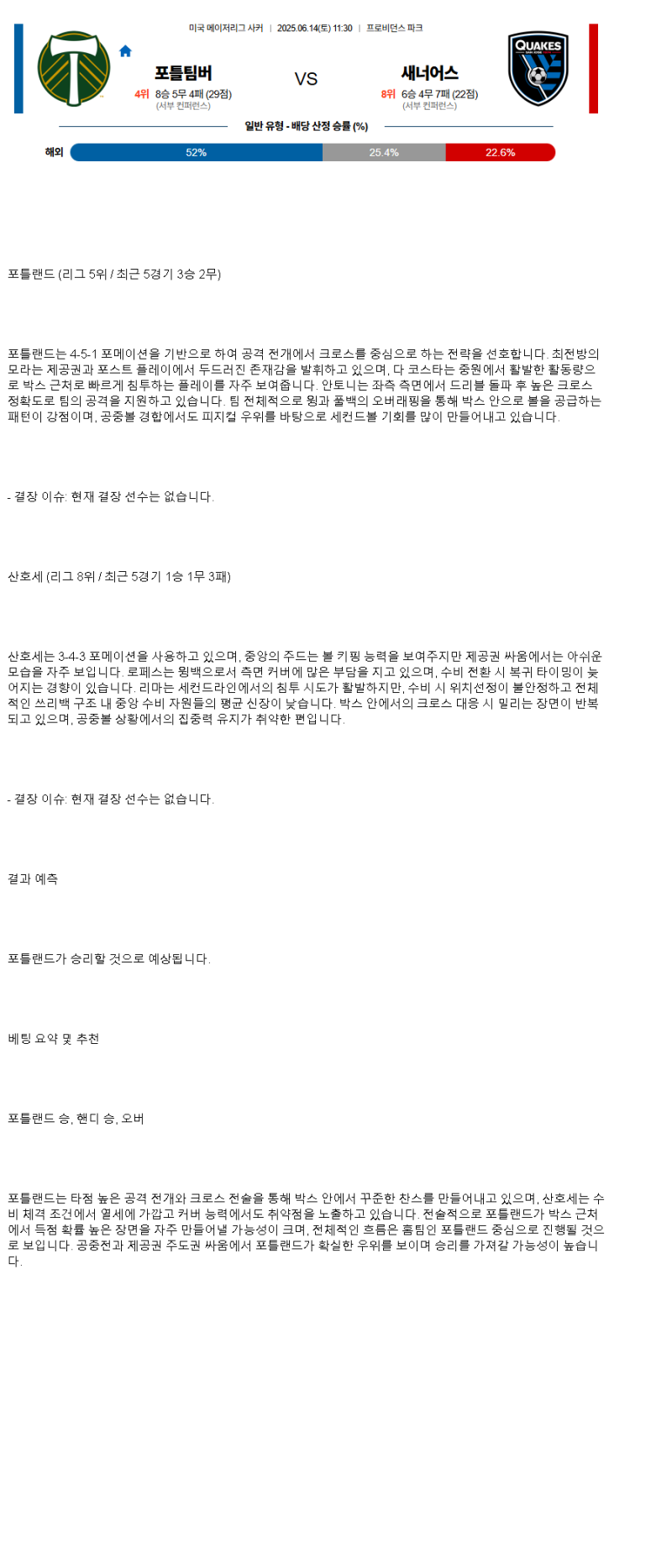 2025년 06월 14일 포틀랜드 어스퀘이크 해외스포츠 분석 및 중계 올스티비
