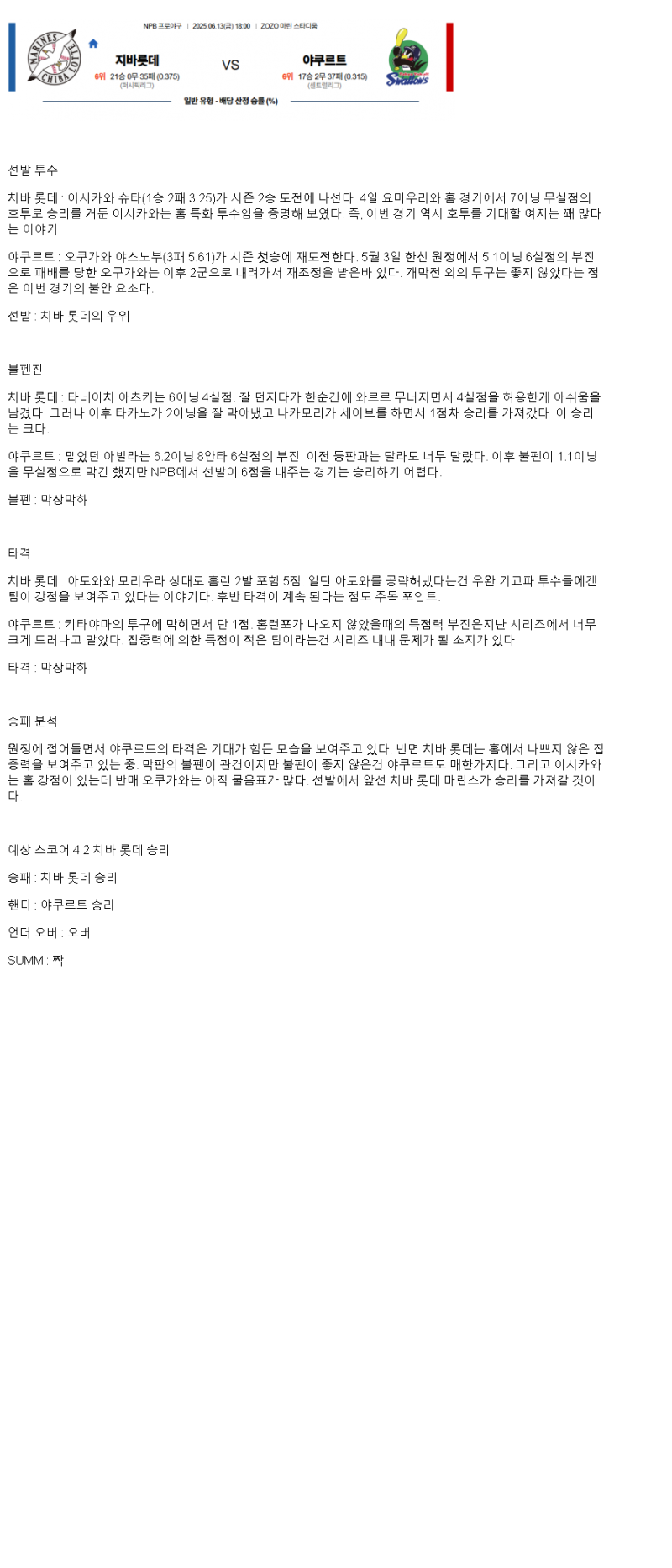 2025년 06월 13일 지바롯데 야쿠르트 일본야구 중계 및 분석 올스티비