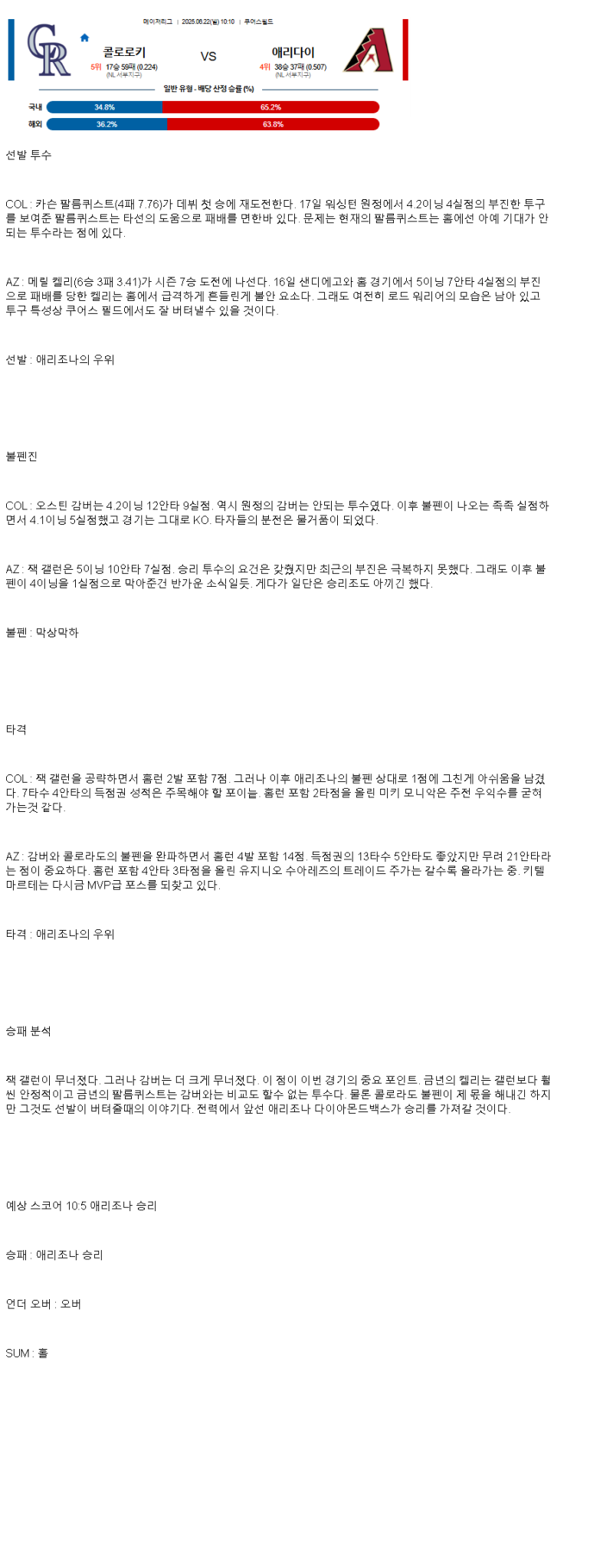 2025년 06월 22일 콜로라도 애리조나 MLB 중계 및 분석 올스티비