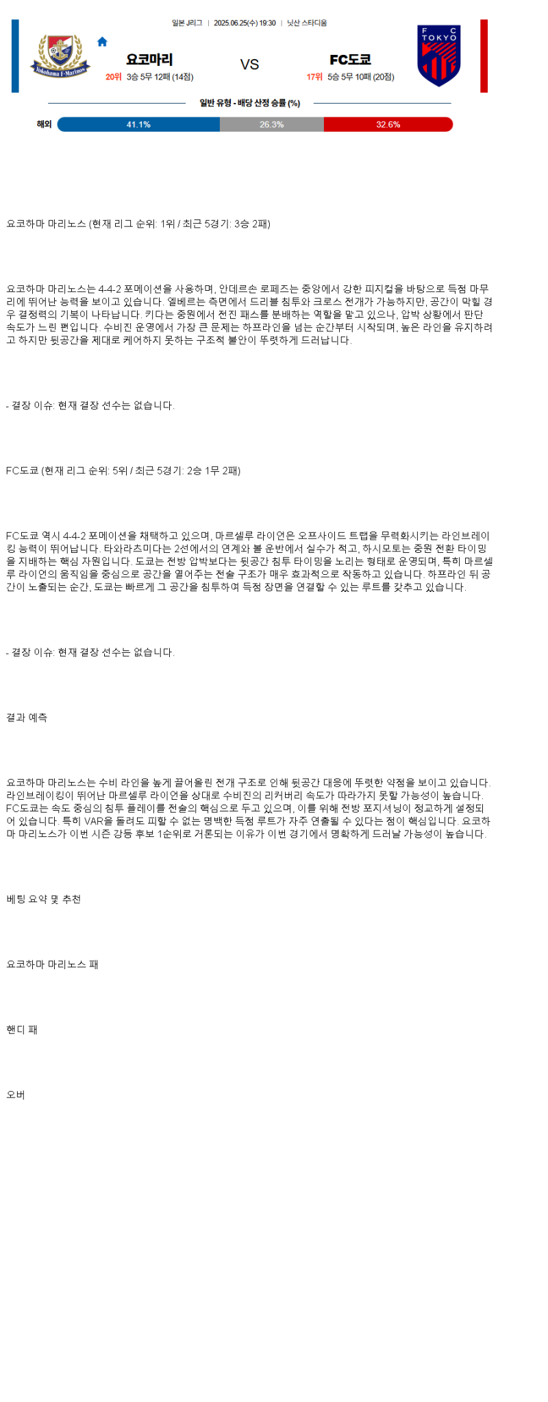 2025년 06월 25일 요코하마 F.M FC 도쿄 해외축구 중계 및 분석 올스티비