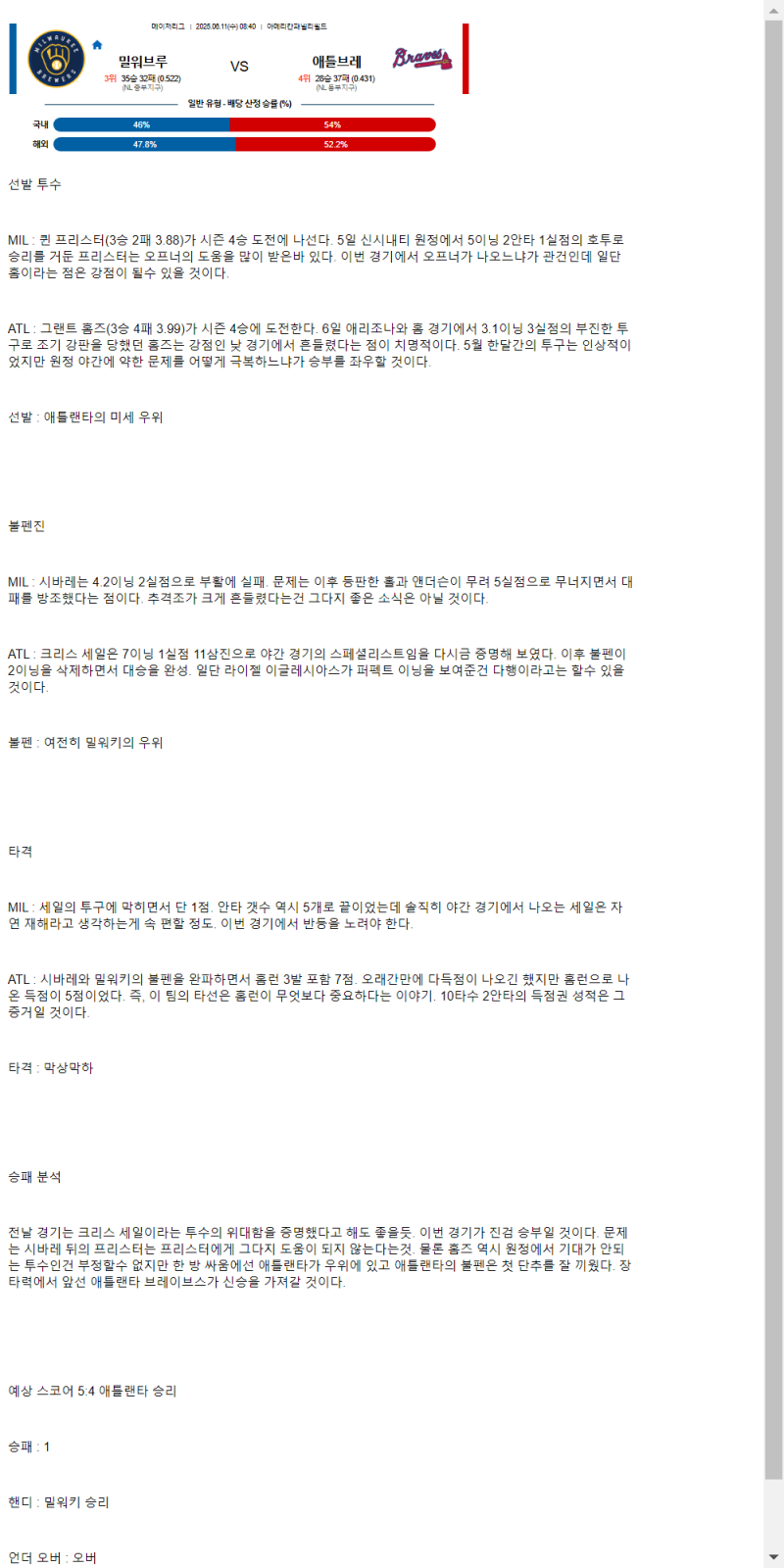 2025년 06월 11일 밀워키 애틀랜타 미국야구 중계 및 분석 올스티비