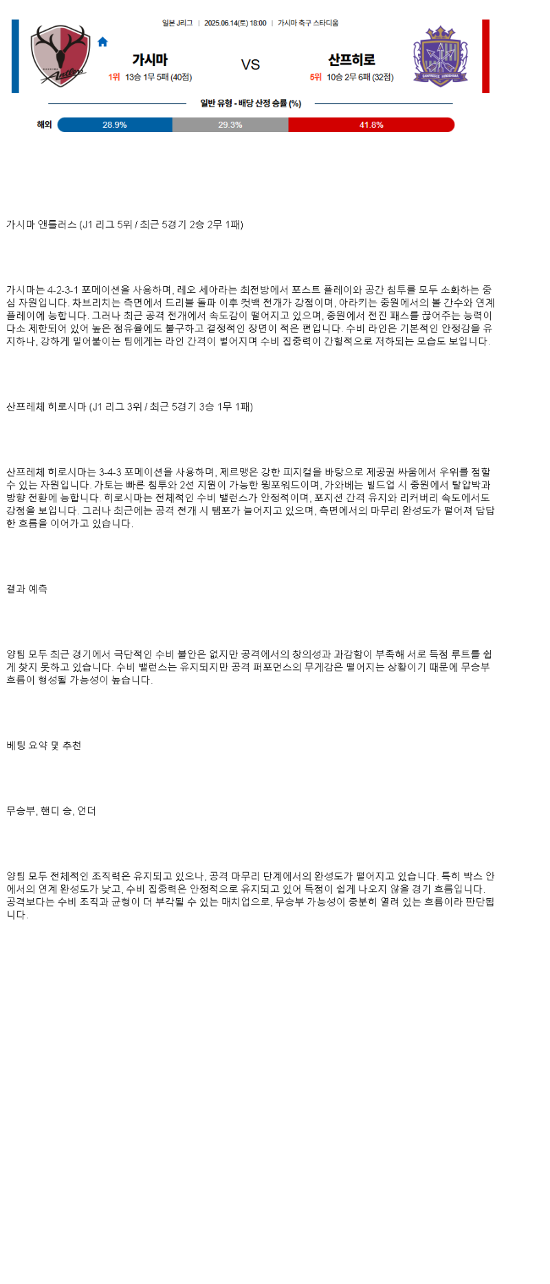 2025년 06월 14일 가시마 히로시마 해외축구 분석 및 중계 올스티비
