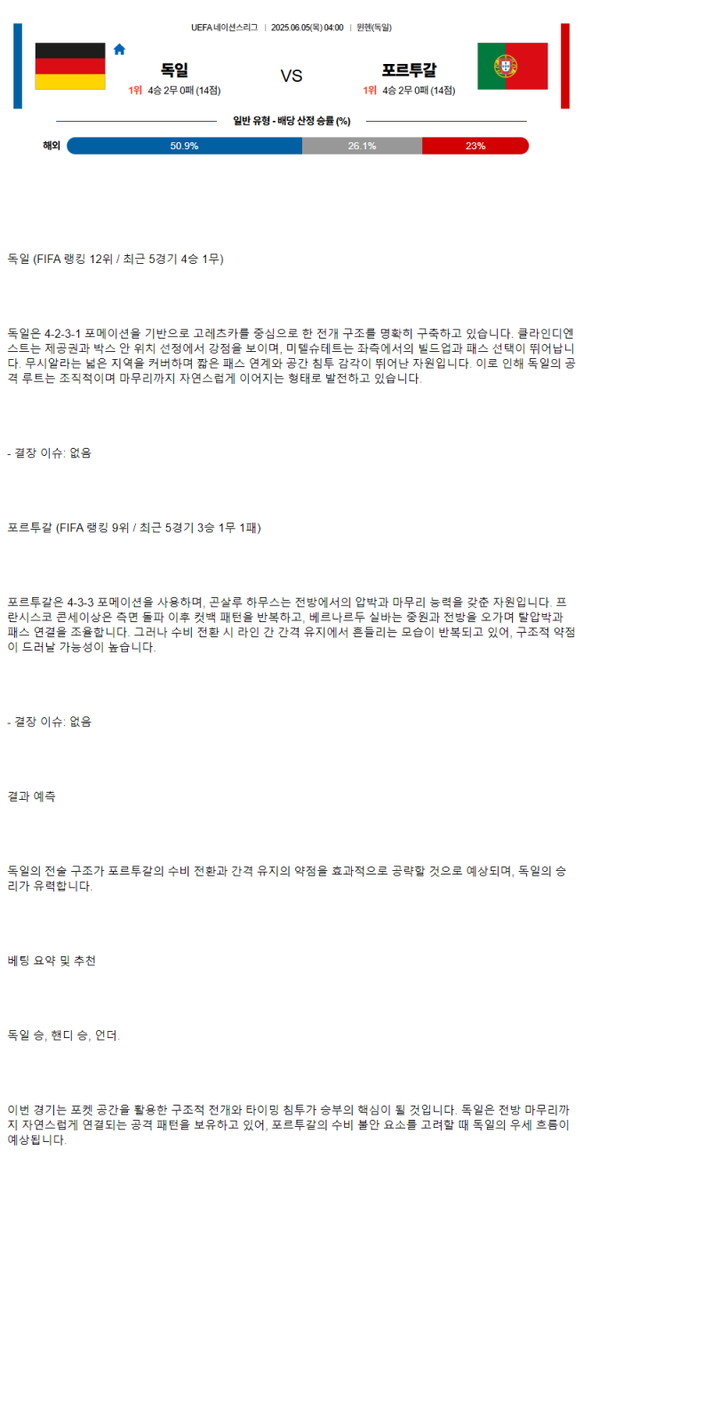 2025년 06월 05일 독일 포르투갈 해외스포츠 중계 및 분석 올스티비