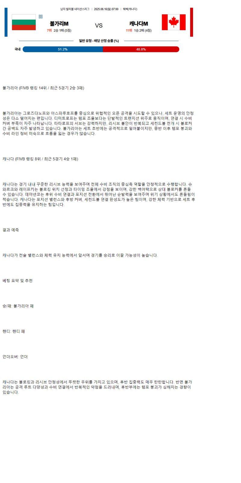 2025년 06월 16일 불가리아 캐나다 배구 분석 및 중계 올스티비
