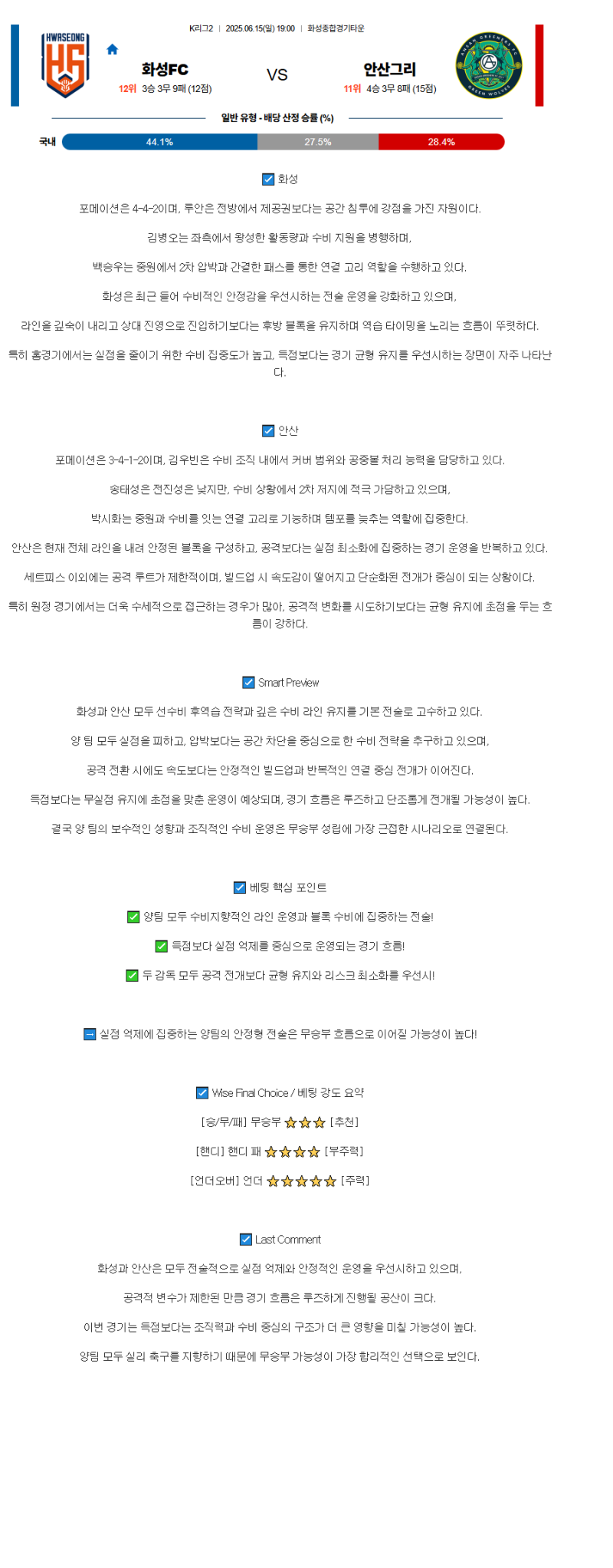 2025년 06월 15일 화성 안산 해외축구 분석 및 중계 올스티비