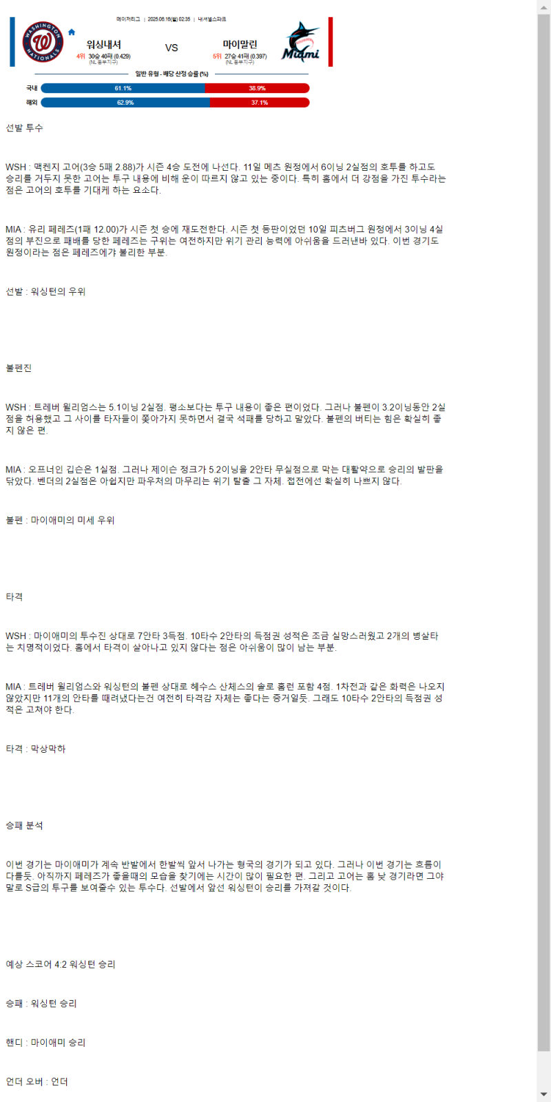 2025년 06월 16일 워싱턴 마이애미 미국야구 분석 및 중계 올스티비