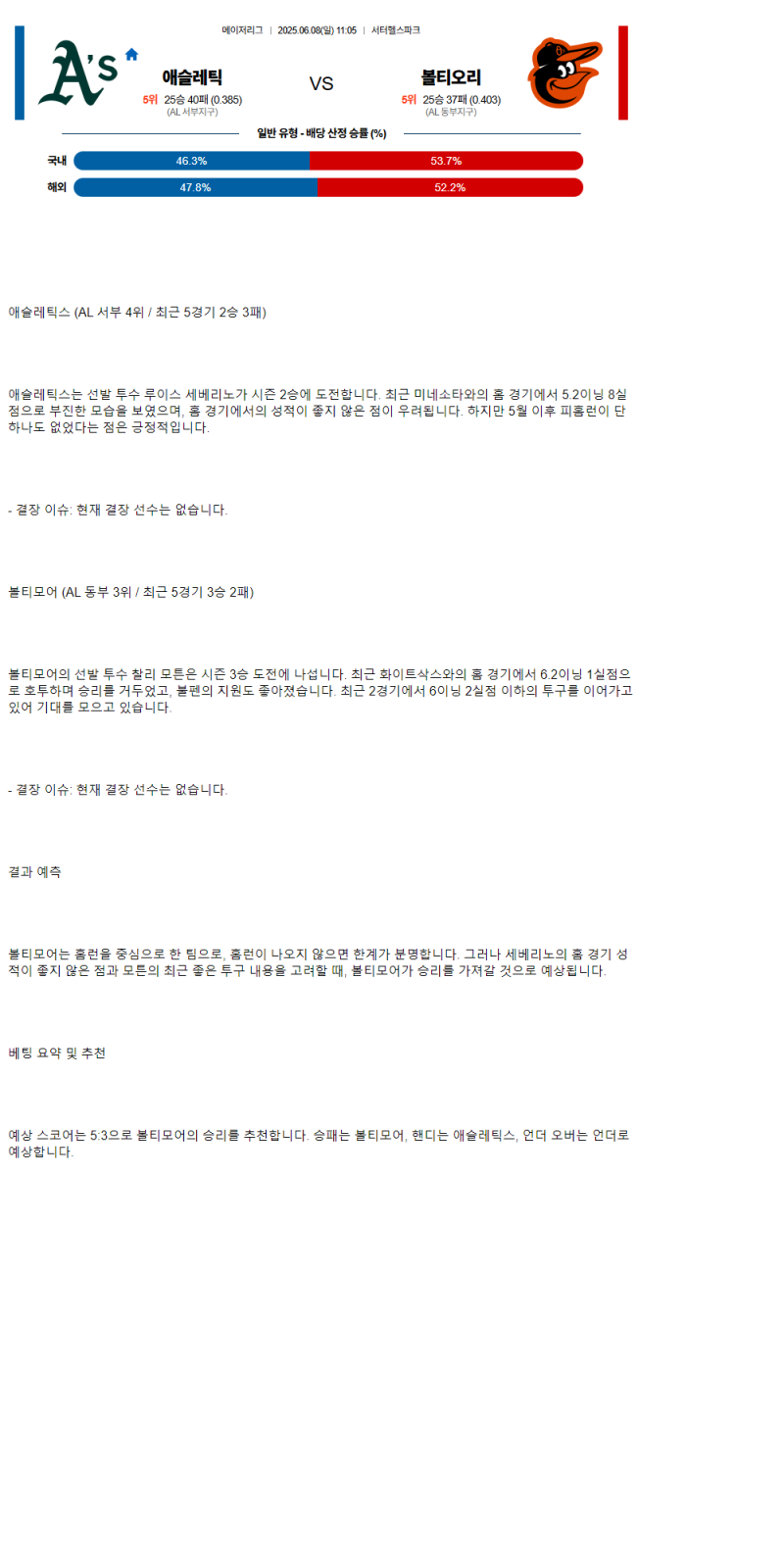 2025년 06월 08일 애슬레틱스 볼티모어 MLB 중계 및 분석 올스티비
