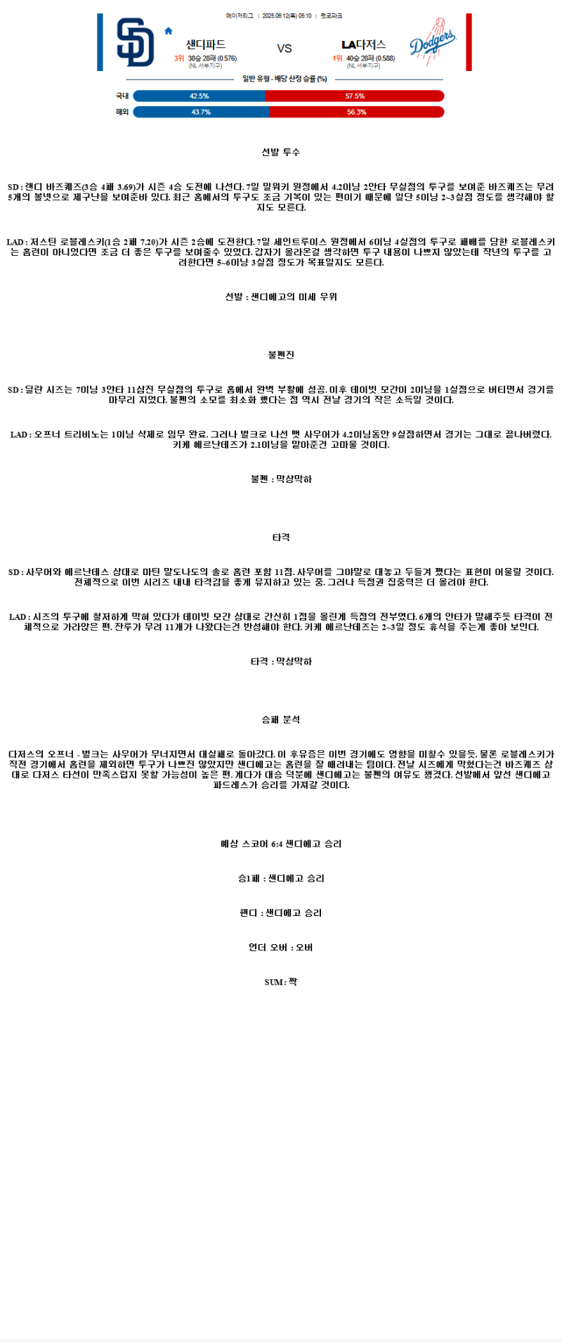 2025년 06월 12일 샌디에이고 LA다저스 해외야구 중계 및 분석 올스티비