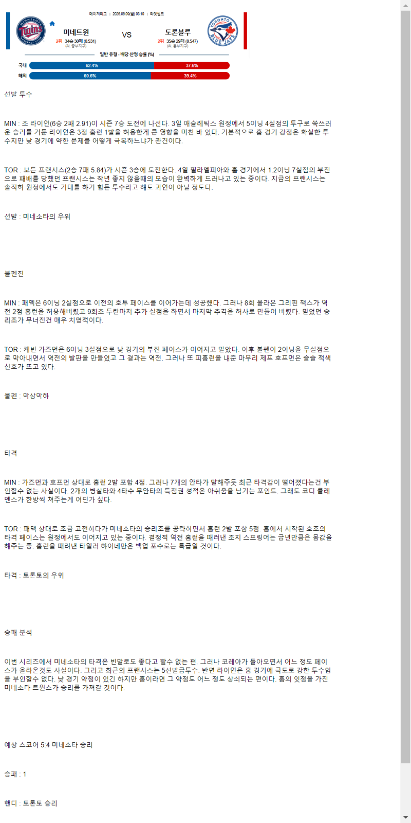 2025년 06월 09일 미네소타 토론토 해외야구 분석 및 중계 올스티비