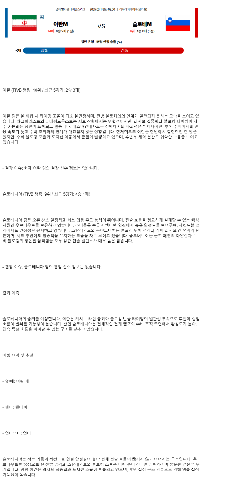 2025년 06월 14일 이란 슬로베니아 배구 중계 및 분석 올스티비