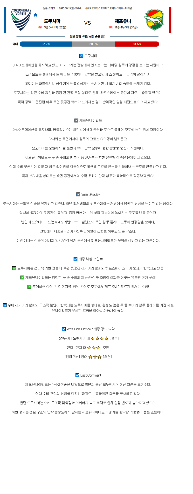 2025년06월15일 도쿠시마 보르티스 제프 유나이티드 해외스포츠 중계 및 분석 올스티비