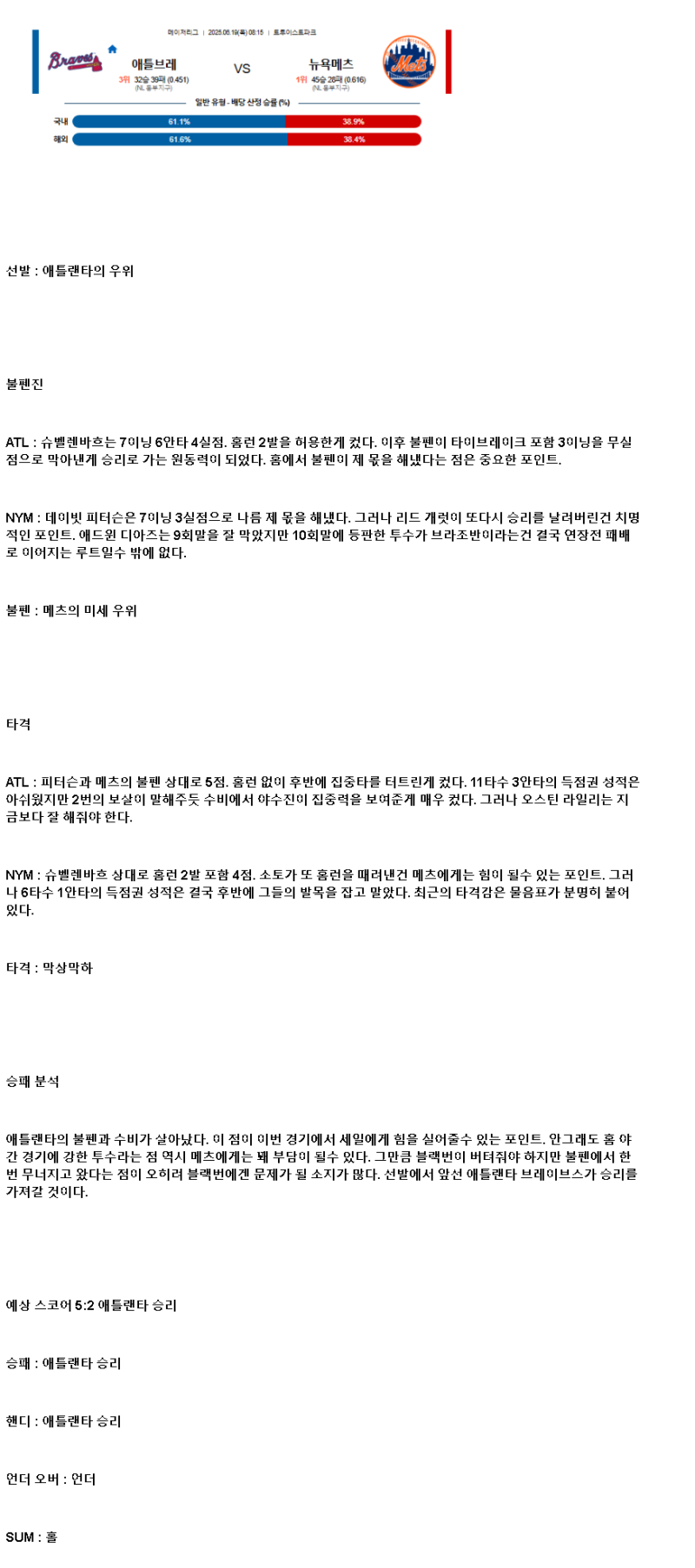 2025년 06월 19일 애틀랜타 뉴욕메츠 해외야구 중계 및 분석 올스티비