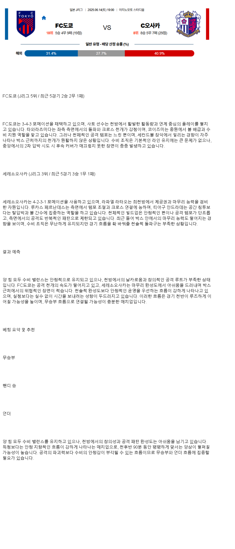 2025년 06월 14일 FC 도쿄 세레소 오사카 해외축구 분석 및 중계 올스티비