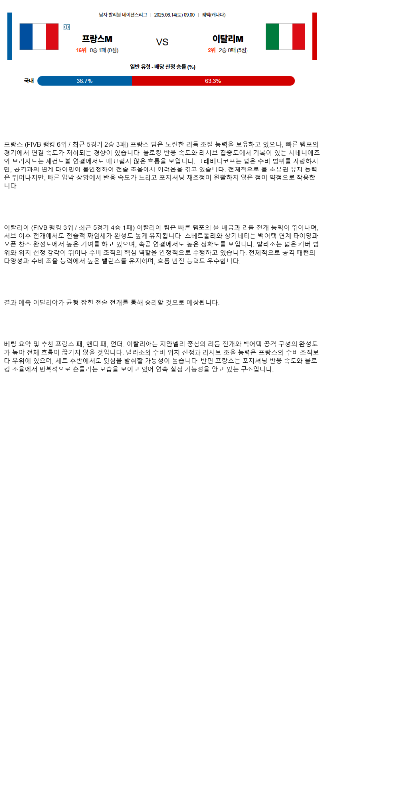 2025년 06월 14일 프랑스 이탈리아 배구 분석 및 중계 올스티비