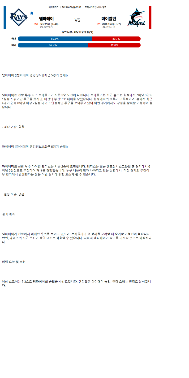 2025년 06월 08일 탬파베이 마이애미 해외야구 중계 및 분석 올스티비