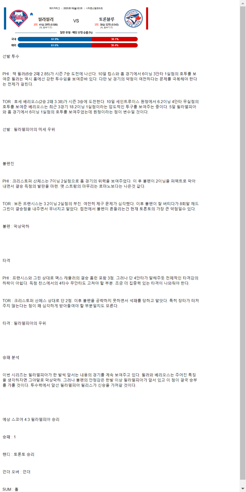 2025년 06월 16일 필라델피아 토론토 MLB 중계 및 분석 올스티비