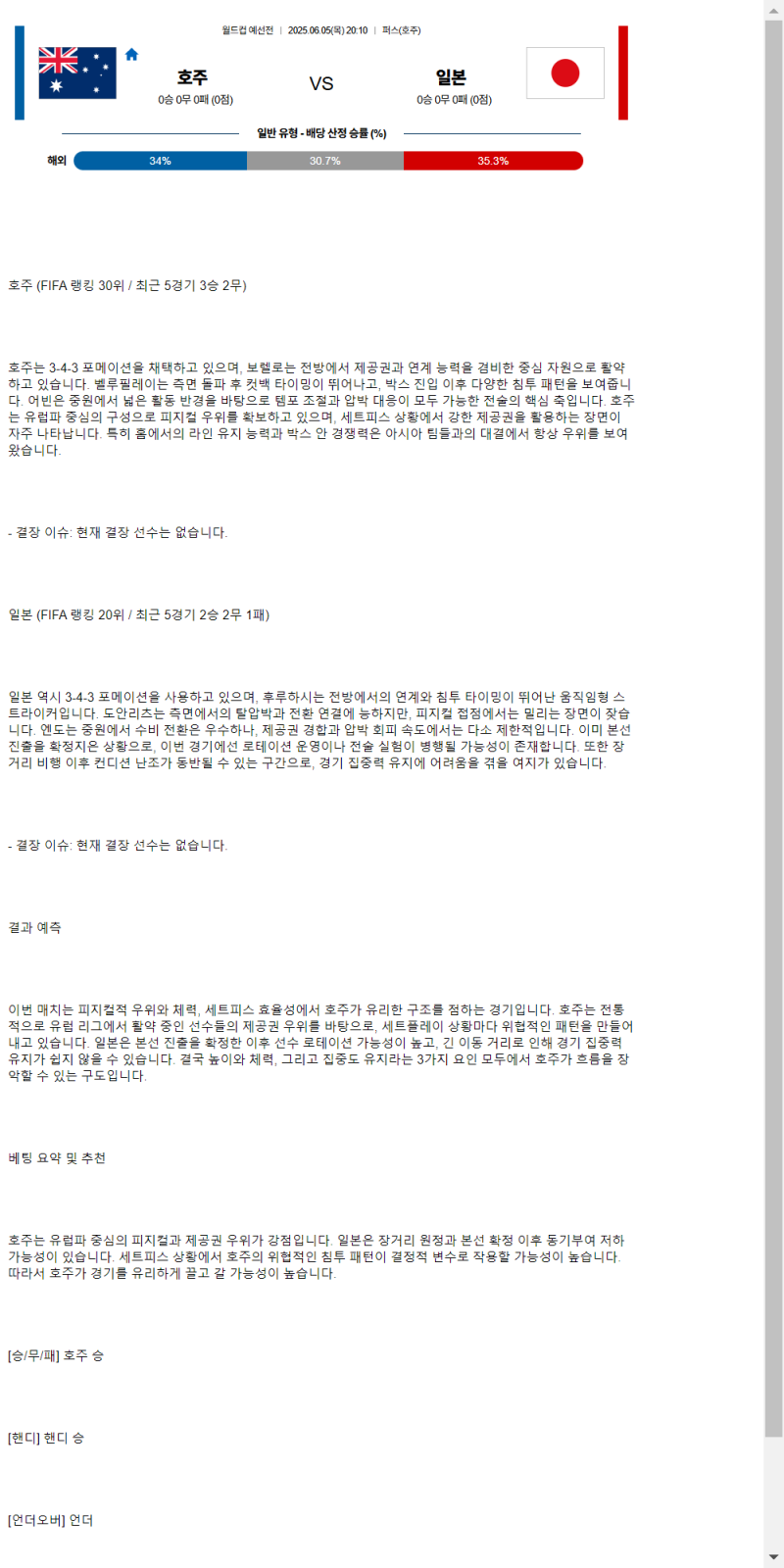 2025년 06월 05일 호주 일본 스포츠 중계 및 분석 올스티비
