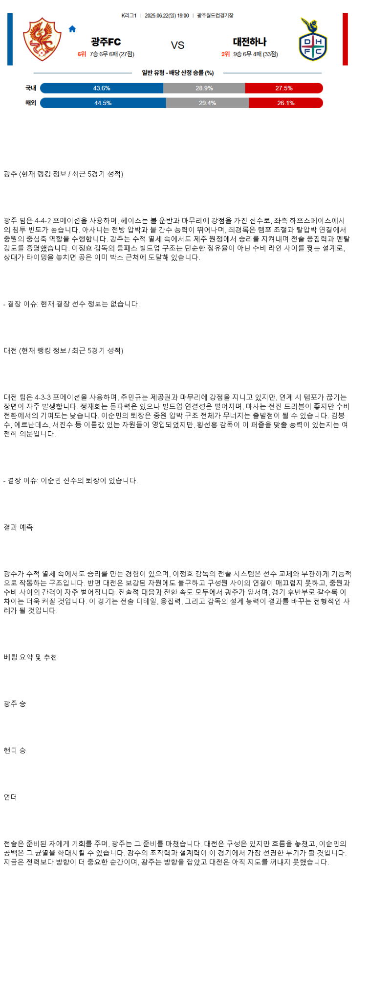 2025년 06월 22일 광주 대전 해외스포츠 중계 및 분석 올스티비