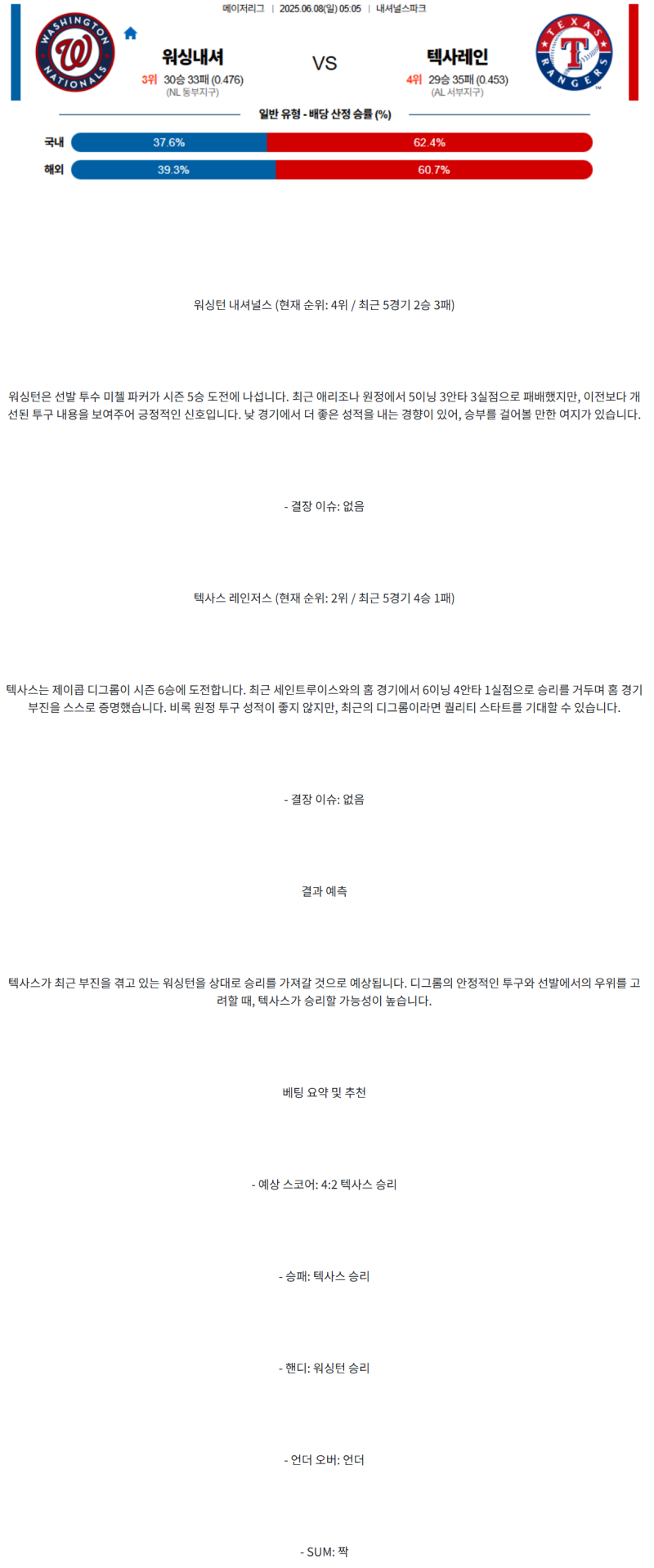 2025년 06월 08일 워싱턴 텍사스 미국야구 중계 및 분석 올스티비