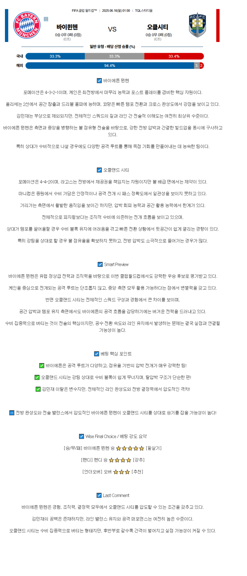2025년 06월 16일 바이에른 뮌헨 오클랜드 시티 해외축구 분석 및 중계 올스티비