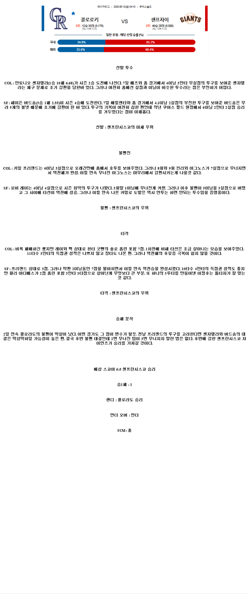 2025년 06월 13일 콜로라도 샌프란시스코 MLB 분석 및 중계 올스티비