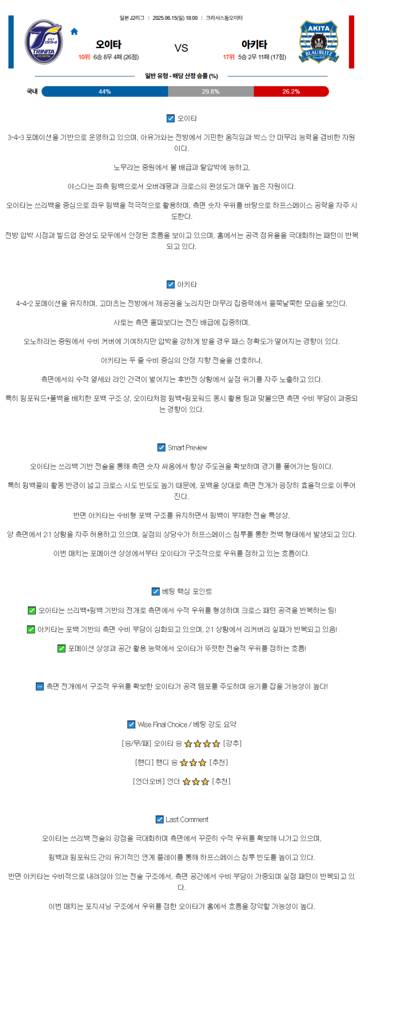 2025년06월15일 오이타 트리니타 블라우블리츠 아키타 해외축구 중계 및 분석 올스티비