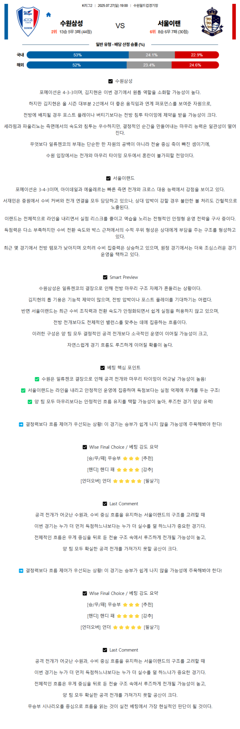 2025년 07월 27일 수원 서울E 국내스포츠 분석 및 중계 올스티비