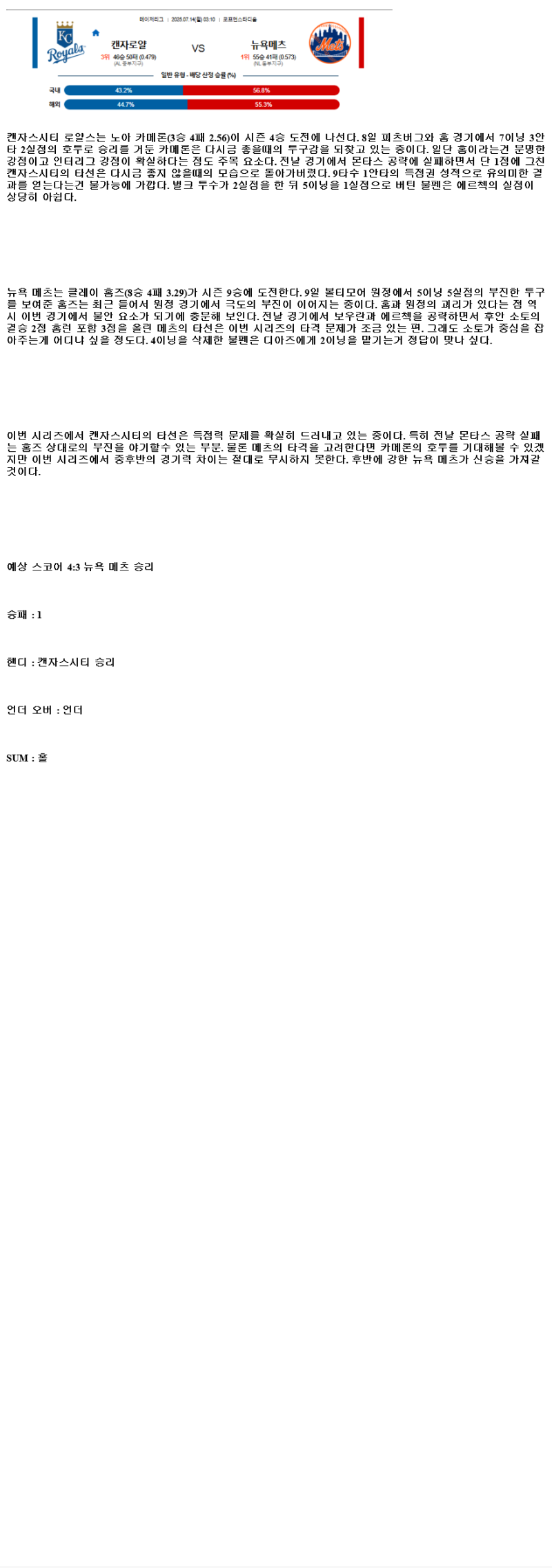 2025년 07월 14일 캔자스시티 뉴욕메츠 미국야구 중계 및 분석 올스티비