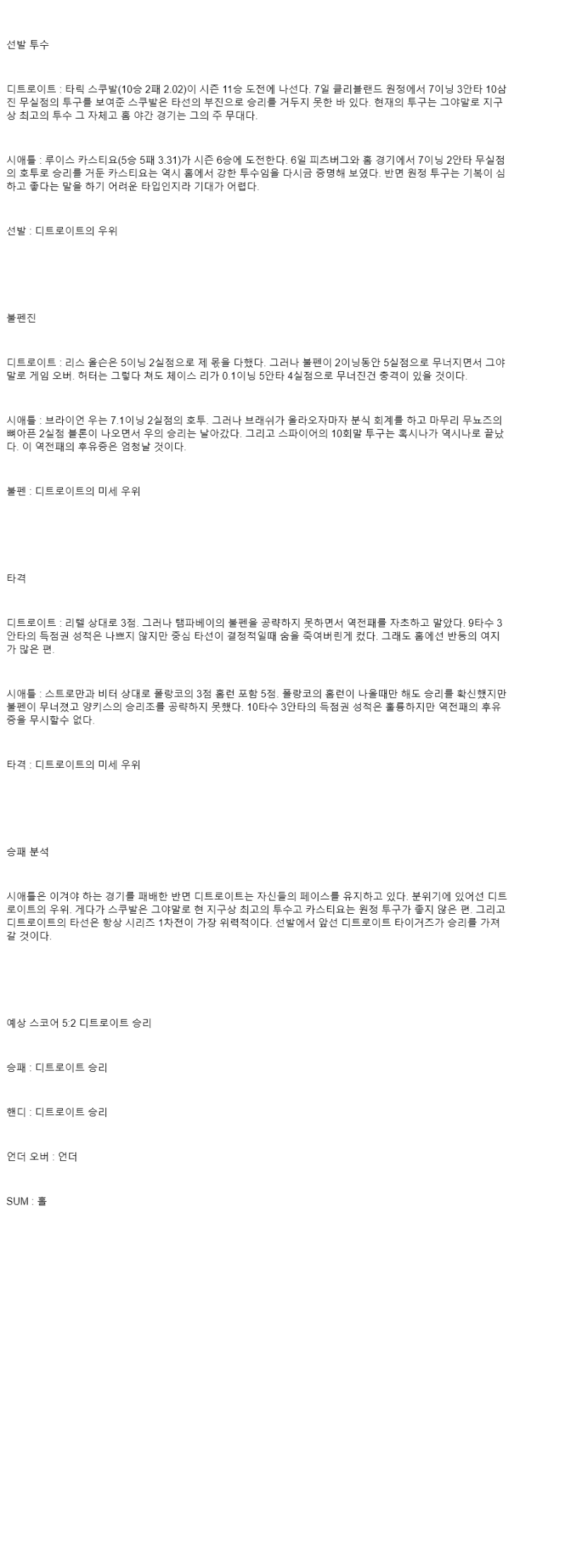 2025년 07월 12일 디트로이트 시애틀 해외야구 분석 및 중계 올스티비