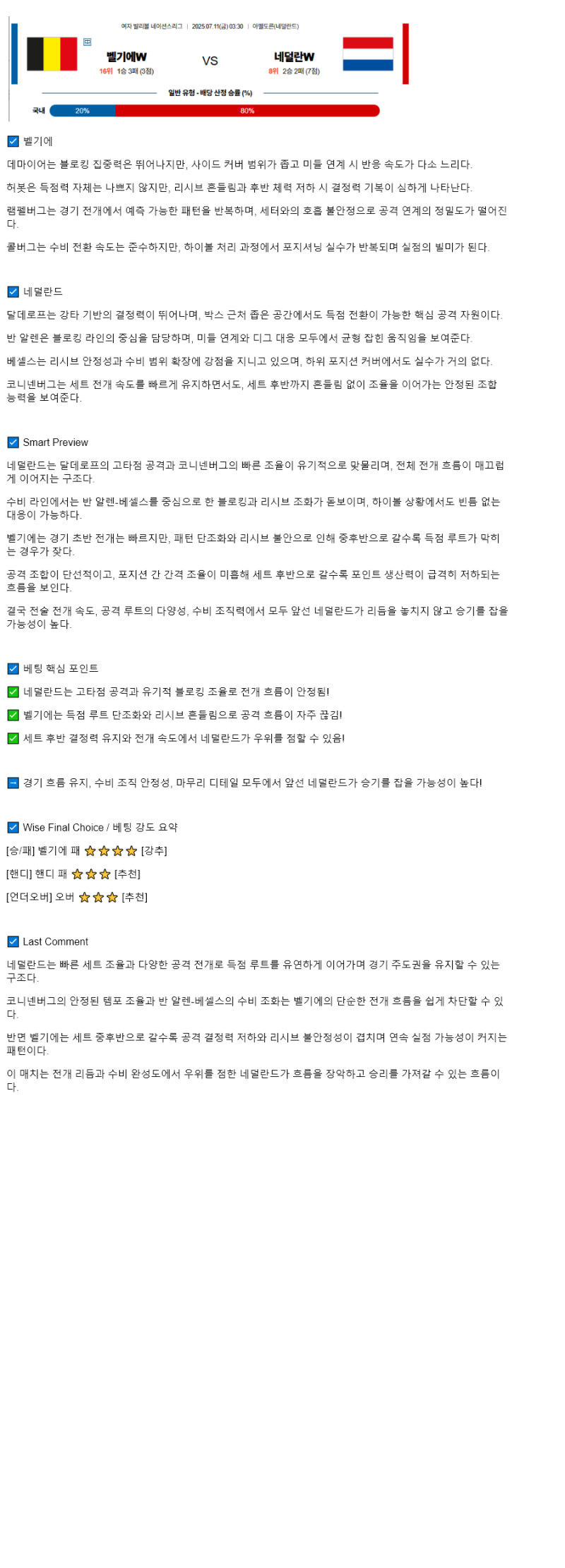 2025년 07월 11일 벨기에 네덜란드 배구 중계 및 분석 올스티비
