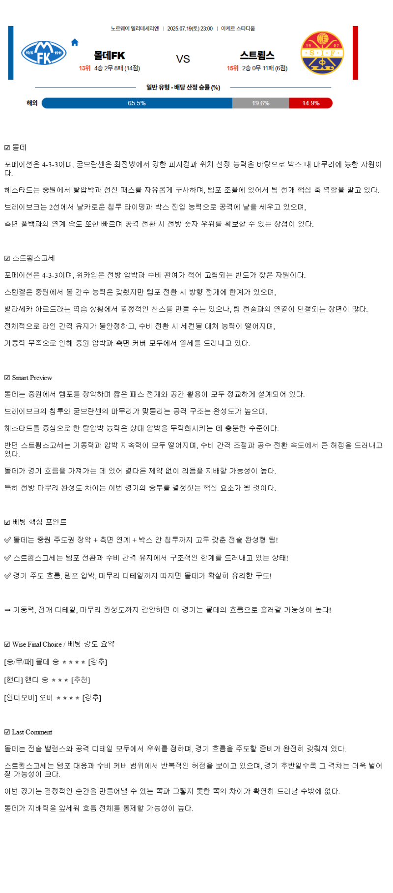 2025년 07월 19일 몰데 FK 스트롬스고드셋 IF 스포츠 중계 및 분석 올스티비