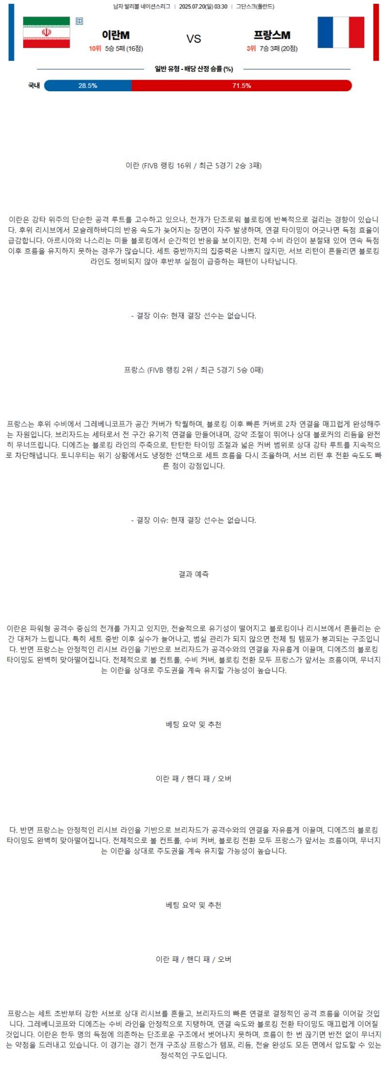 2025년 07월 20일 이란 프랑스 배구 분석 및 중계 올스티비
