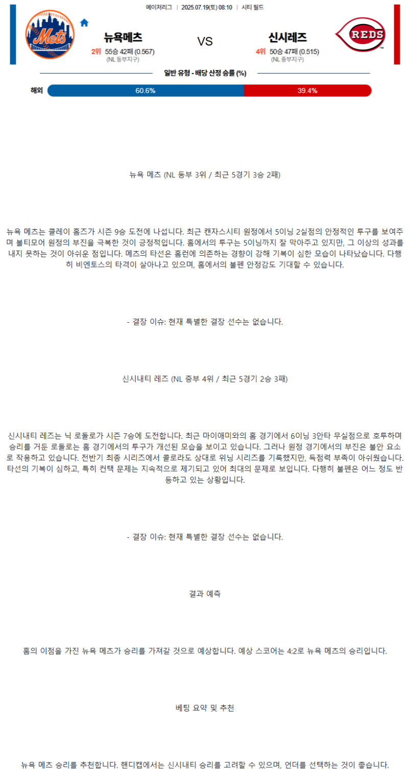 2025년 07월 19일 뉴욕메츠 신시내티 미국야구 분석 및 중계 올스티비