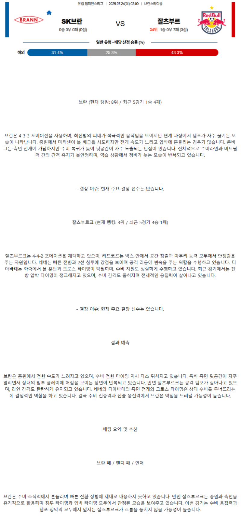2025년07월24일 SK브란 잘츠브루크 해외축구 중계 및 분석 올스티비