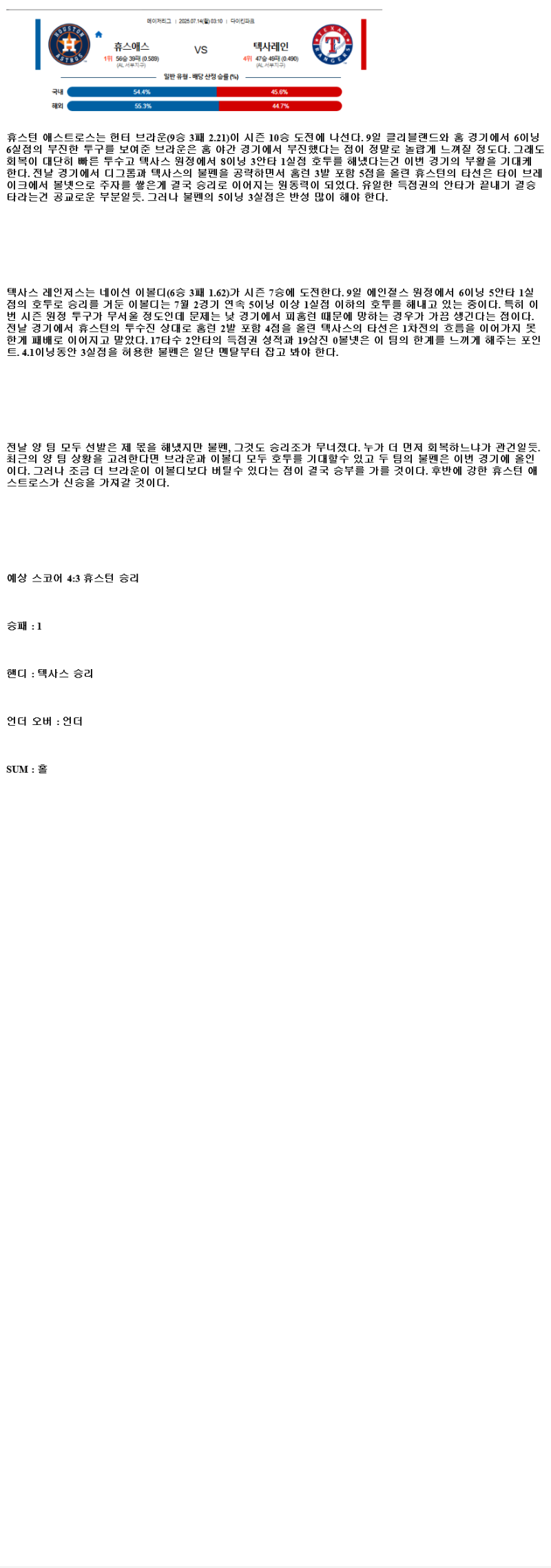 2025년 07월 14일 휴스턴 텍사스 미국야구 중계 및 분석 올스티비
