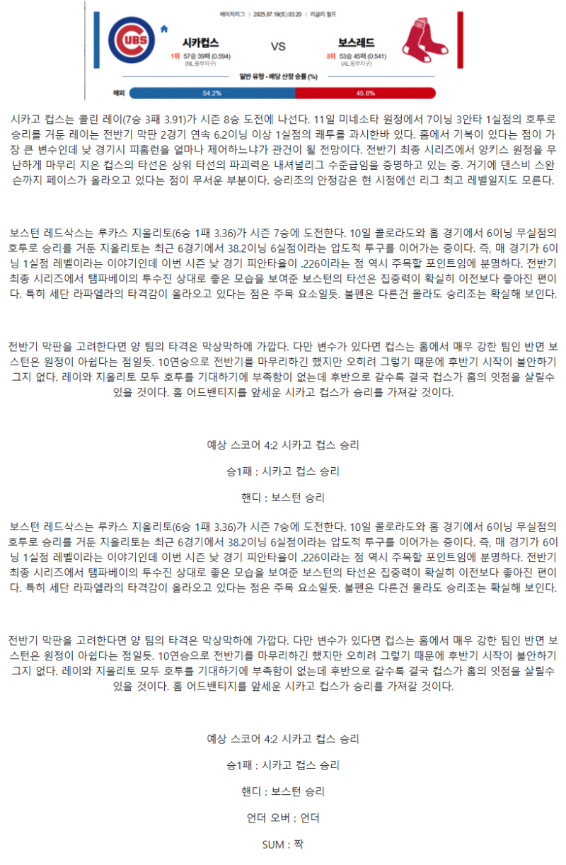 2025년 07월 19일 시카고컵스 보스턴 해외야구 중계 및 분석 올스티비
