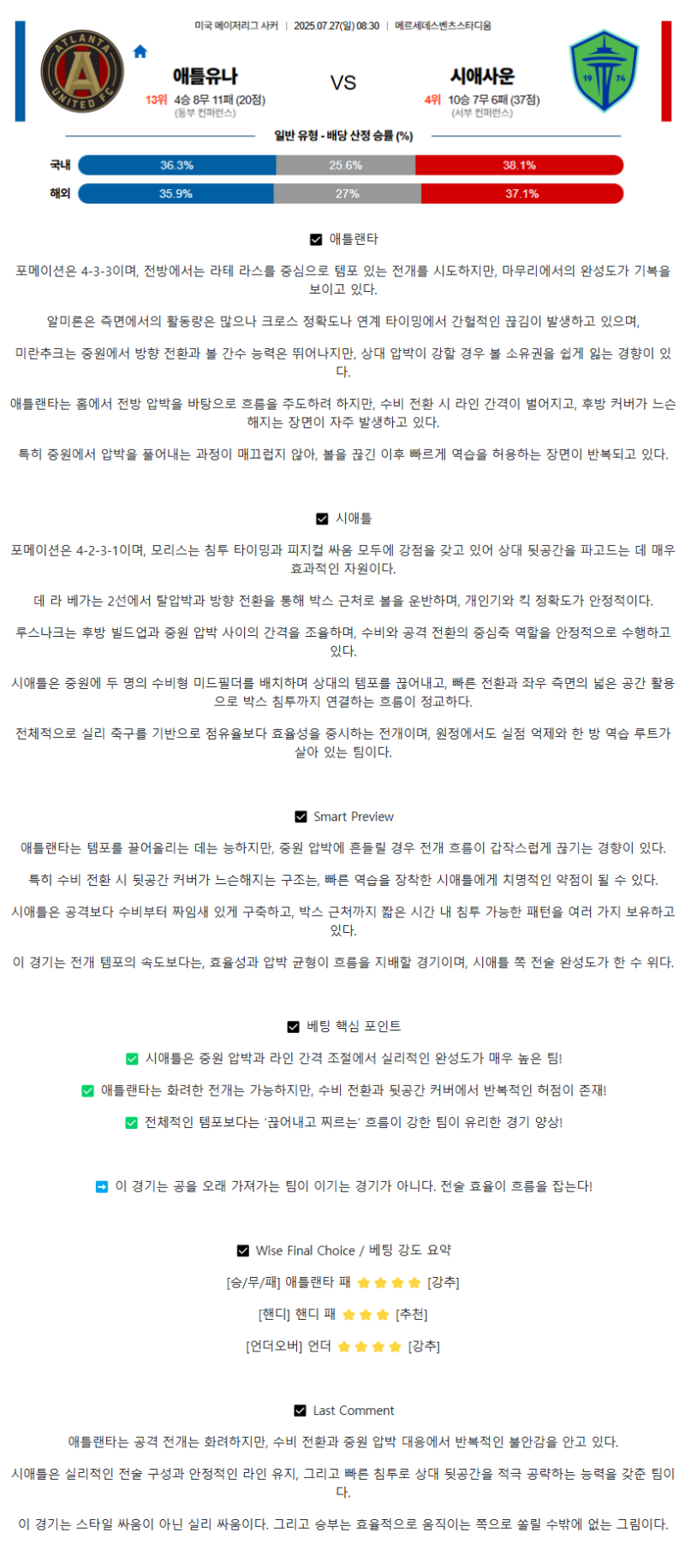 2025년 07월 27일 애틀란타 시애틀 해외축구 분석 및 중계 올스티비