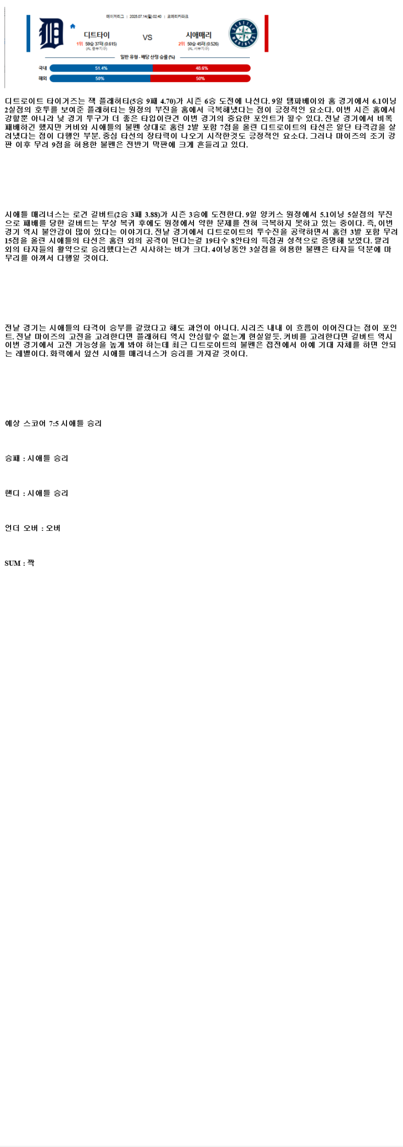 2025년 07월 14일 디트로이트 시애틀 미국야구 분석 및 중계 올스티비