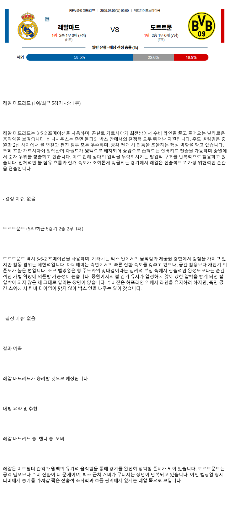 2025년 07월 06일 레알 마드리드 도르트문트 해외스포츠 분석 및 중계 올스티비
