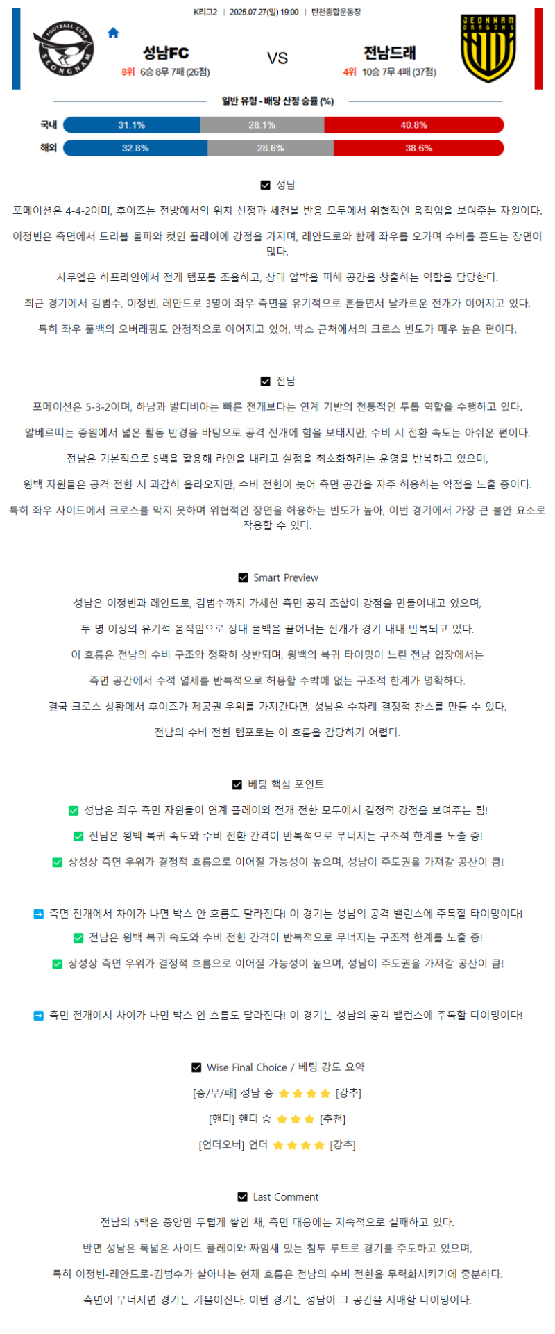 2025년 07월 27일 성남 전남 K리그 중계 및 분석 올스티비