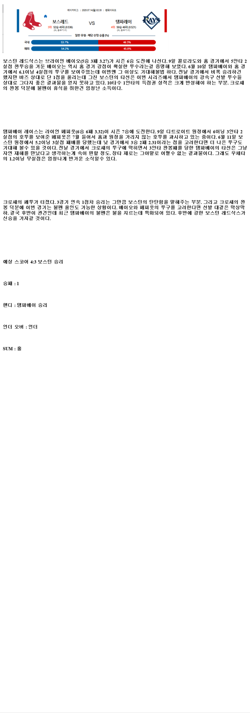 2025년 07월 14일 보스턴 탬파베이 해외야구 중계 및 분석 올스티비