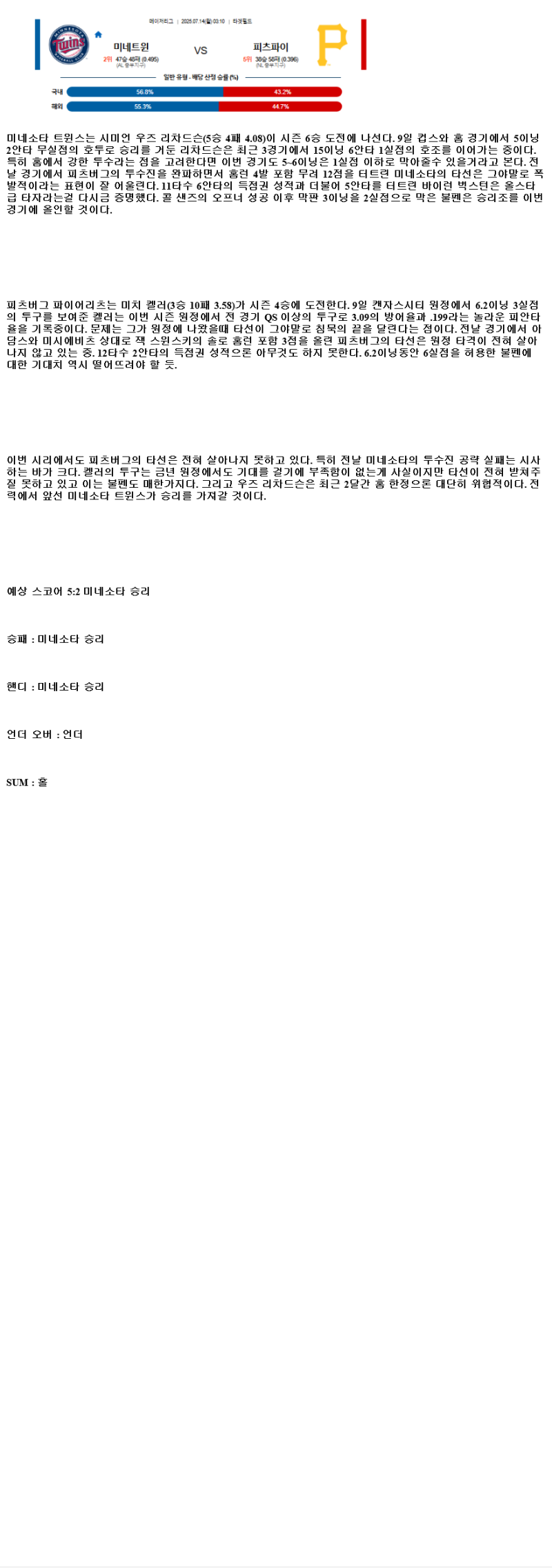 2025년 07월 14일 미네소타 피츠버그 미국야구 분석 및 중계 올스티비