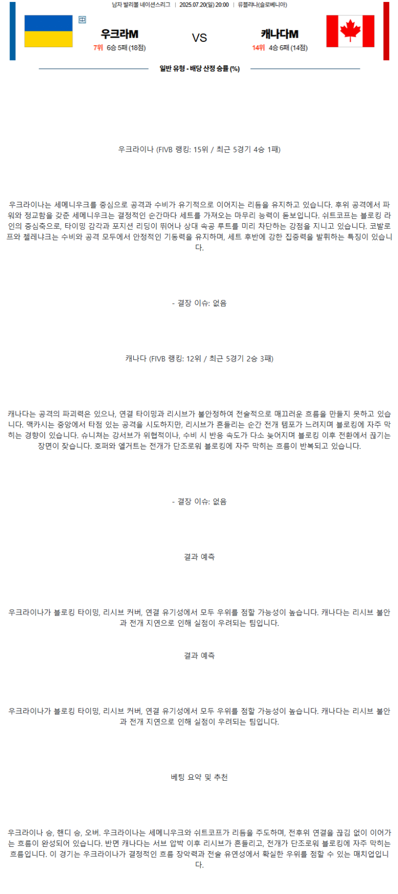 2025년 07월 20일 우크라이나 캐나다 배구 분석 및 중계 올스티비