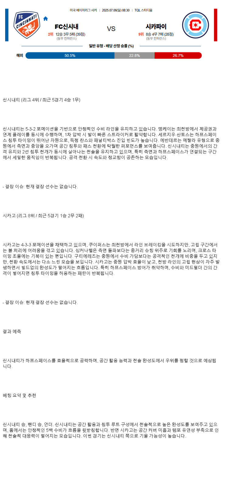 2025년 07월 06일 신시내티 시카고 해외스포츠 중계 및 분석 올스티비